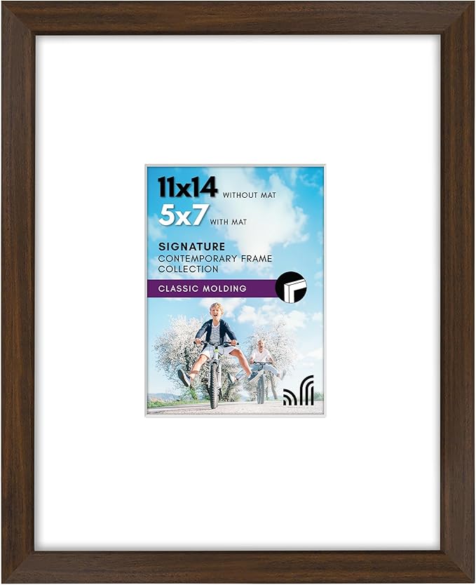 Americanflat 11x14 Picture Frame with Shatter-Resistant Glass - Use as 5x7 Frame with Mat or Display 11x14 Photo Without Mat - Signature Collection - Picture Frames for Wall Display - Walnut