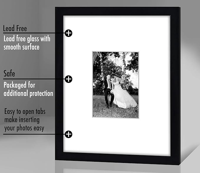 Americanflat 11x14 Picture Frame with Shatter-Resistant Glass - Use as 5x7 Frame with Mat or Display 11x14 Photo Without Mat - Signature Collection - Picture Frames for Wall Display - Black