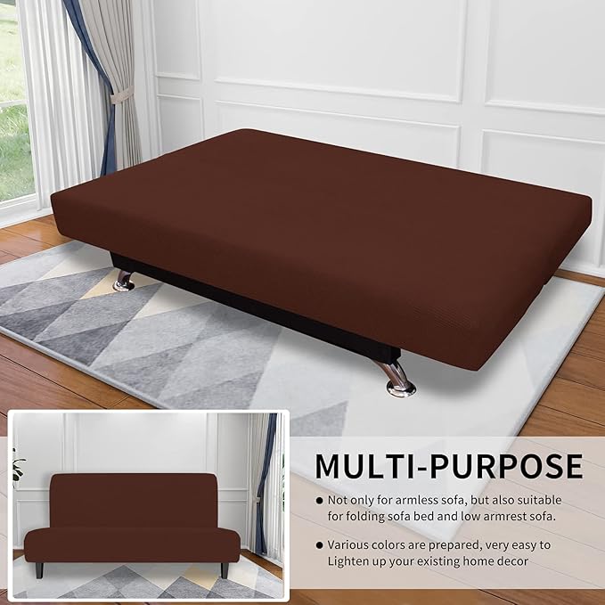 Easy-Going Stretch Futon Sofa Slipcover Armless Sofa Bed Cover Furniture Protector Without Armrests with Elastic Bottom for Kids,Soft Jacquard Small Checks（Medium Futon,Coffee