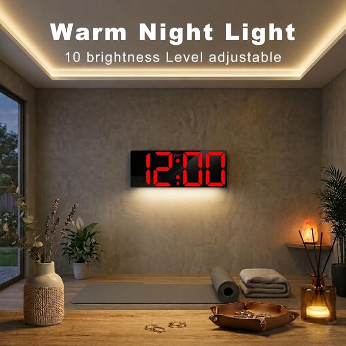 JALL 22" Large Digital Wall Clock, Big LED Display with Night Light, Auto Dimming & DST, Giant Alarm Clock for Seniors, Elderly Parents, Gift for Mom Dad (Black Shell Red Font) - Image 3