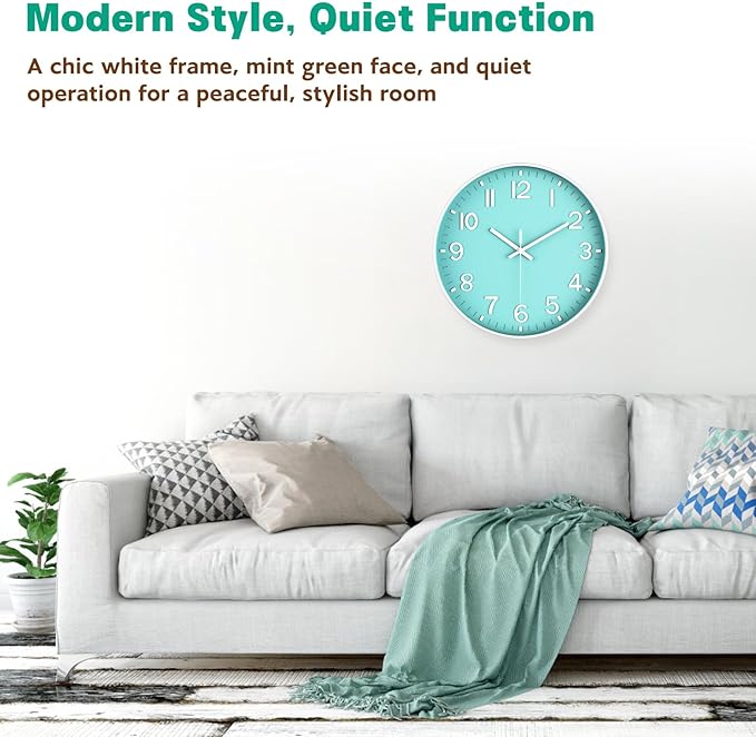 Modern Wall Clock Silent Non-Ticking ?€? Coral Green Analog Wall Clock Battery Operated for Living Room, Kitchen, Bedroom, Office ?€? Stylish Wall Decor for Home, 12 Inch
