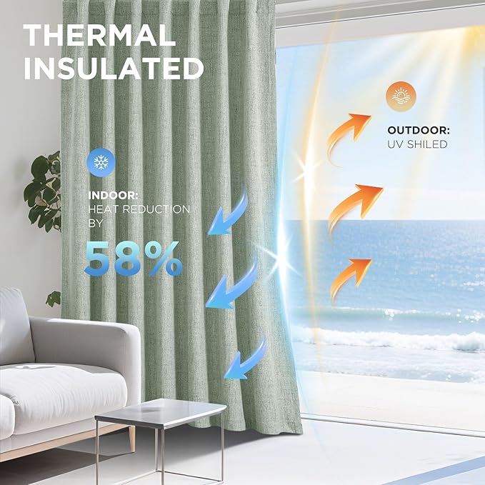 Joydeco Linen Blackout Curtains for Bedroom - 100% Light Blocking 1 Panels, Sage Green Drapes 70" W x 90" L, Thermal Insulated Room Darkening Curtains for Living Room, Rod Pocket & Back Tabs