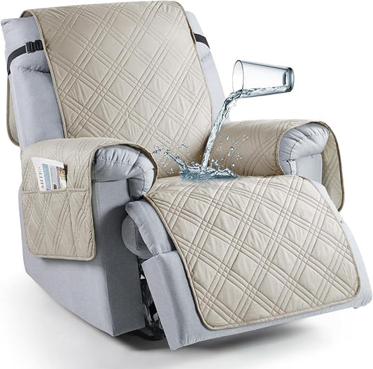 TAOCOCO 100% Waterproof Recliner Chair Cover, Non Slip Recliner Covers for Recliner Chair with Pocket, Washable Reclining Chair Cover Furniture Protector for Kids, Pets(23.6'', Cream)