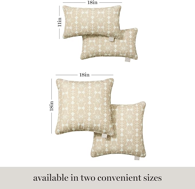 Martha Stewart Tulum Indoor Outdoor Decorative Pillow 2-Pack Set, UV Fade Resistant, Water Repellent, Printed Modern Design, Taupe, 18"x18"