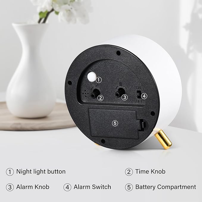 Analog Alarm Clocks,Retro Metal Desk Silent Non Ticking Small Clock with Night Light,Battery Operated,Simple Design,for Bedrooms, Bedside,Office,Home Décor (White)