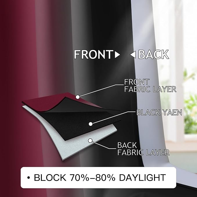 COSVIYA Curtains & Drapes Burgundy Red and Black Curtains 84 inch Length 2 Panels,Full Room Darkening Grommet Insulated Thermal Window Curtains for Bedroom/Living Room,52x84inches