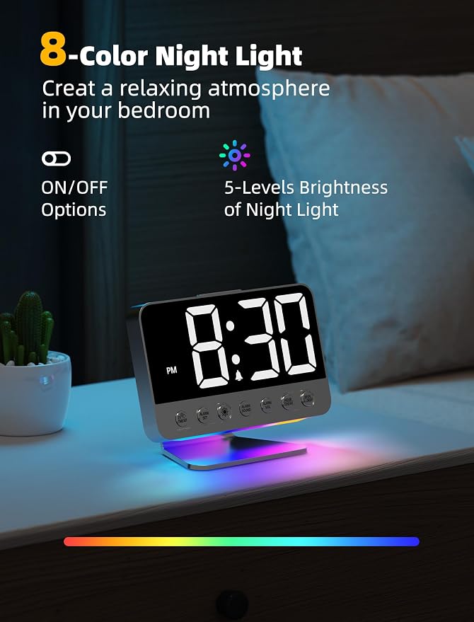 Odokee Digital Alarm Clocks for Bedrooms: Easy to Read Across The Room | Large Bold Number 5 Brightness Dimmer - 8 Night Light 5 Sound - Loud Alarm for Heavy Sleepers with Adjustable Volume - Silver - Image 5