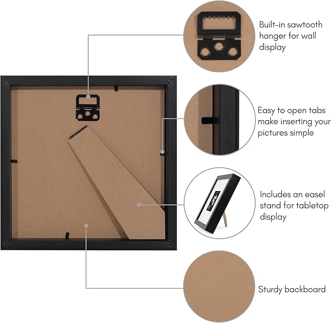 Americanflat 8x8 Picture Frame with Shatter-Resistant Glass - Use as 4x4 Frame with Mat or Display 8x8 Photo Without Mat - Soho Collection - Deep Molding Square Frames for Tabletop or Wall - Black