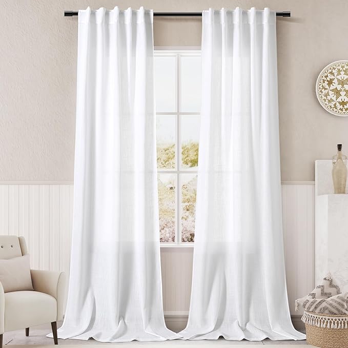 Linen White Curtains 120 inch Extra Long for Living Room Back Tab Light Filtering Semi Sheer Drapes Modern Farmhouse Coastal Off White Cotton Textured Curtain for Floor to Ceiling Window 10 FT