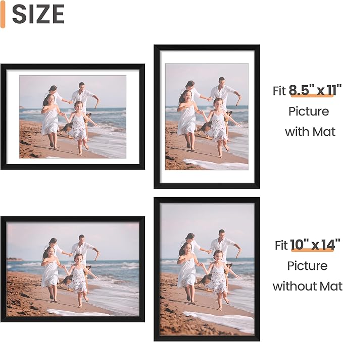 upsimples 10x14 Picture Frame, Display Pictures 8.5x11 with Mat or 10 x 14 Without, Wall Hanging Diamond Frames, Black, 1 Pack