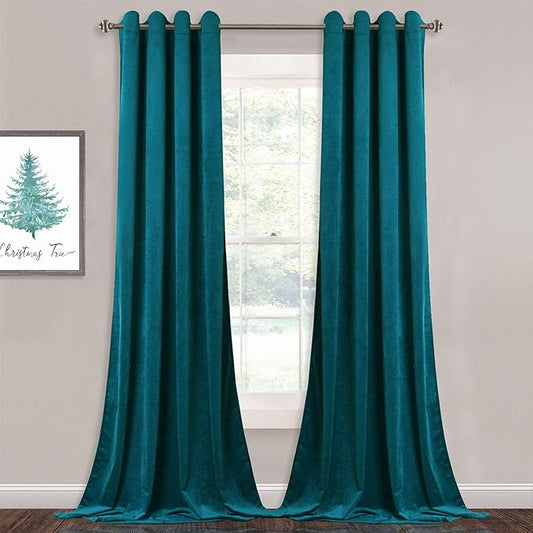 StangH Teal Curtains Velvet - Extra Long Thick Velvet Drapes Blackout Panels with Solid Grommet Design for Large Window Decor, Teal, W52 x L108 inches, 2 Panels