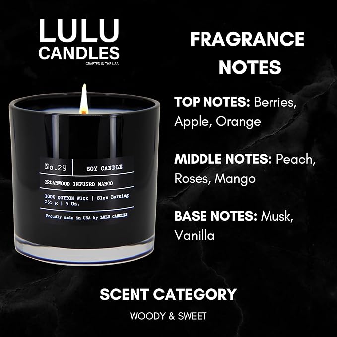 Lulu Candles | Cedarwood Infused Mango | Highly Scented Candles for Home - Soy Blend Jar Candle with 100% Cotton Wick - Slow Burning (9 Oz.)