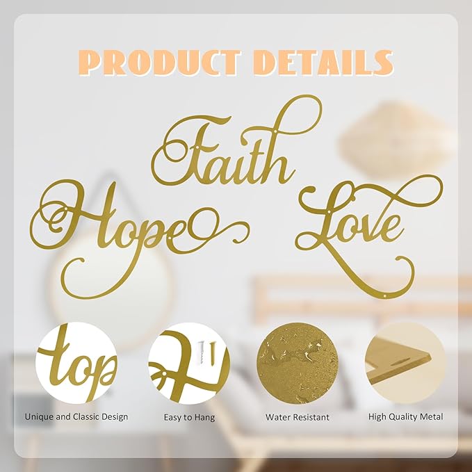 ESTART Faith Hope Love 3 Pieces Metal Wall Decor Inspirational Black Letter Sign Wall Art Rustic Vintage Farmhouse Word Metal Sign Family Wall Decor for Home Bedroom Living Room