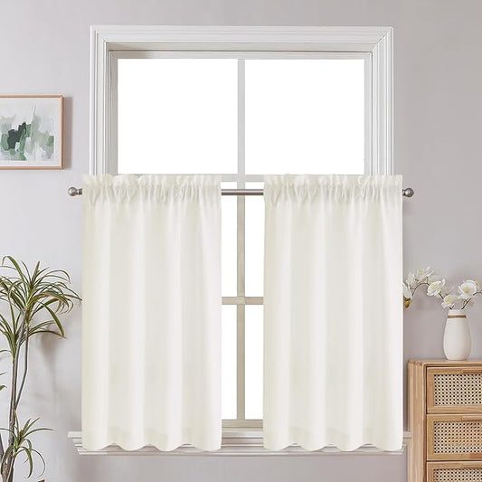 Chyhomenyc Kitchen Curtains 24 Inch Length, Light Filtering Short Window Curtain for Bathroom Basement, Yellowish Small Curtains, Each 30x24 Inch, 2 PCS, Cream