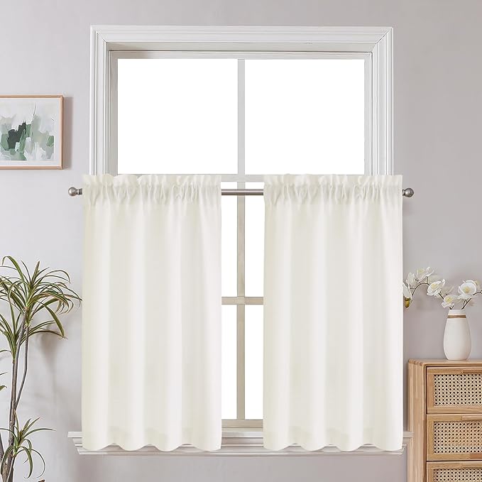 Chyhomenyc Short Curtains 36 Inch Length, Faux Linen Textured Small Kitchen Curtain, Light Filtering Yellowish Half Window Curtains for Basement Cabinet, Each 30x36 Inch, Cream???prev. Ivory???