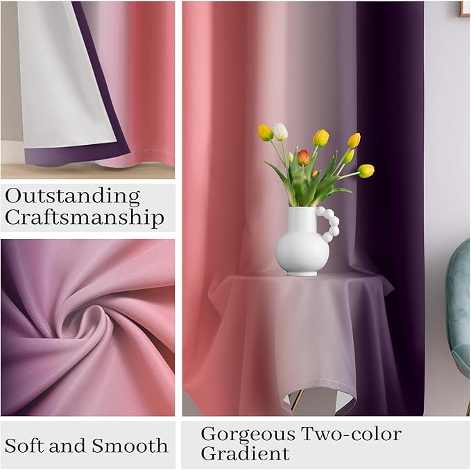 COSVIYA Dark Pink and Dark Purple 100% Blackout Curtains for Bedroom with White Back, 2 Thick Layers Full Room Darkening Thermal Insulated Grommet Drapes, 52x84 Inch, 2 Panels