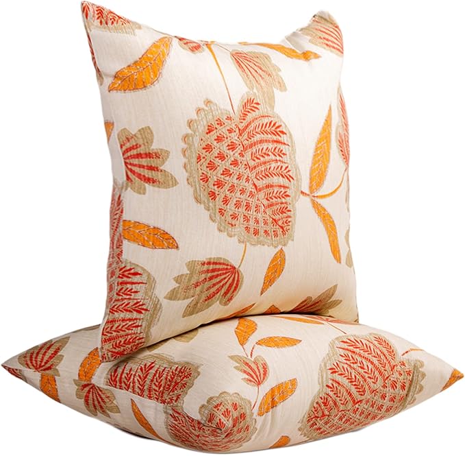 JMGBird Water-Resistant Outdoor Pillows Set of 2, 18x18 inch Durable Beige with Orange Leaf Pattern Throw Pillows with Inserts for Patio Furniture