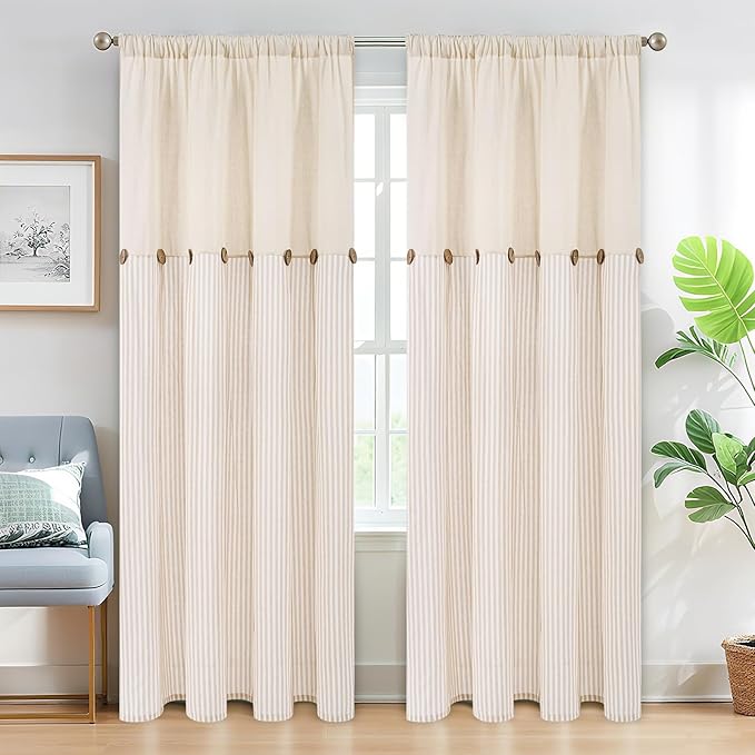 ASPMIZ Cotton Linen Curtains for Living Room, Rod Pocket & Back Tab Boho Curtains for Bedroom, Country Farmhouse Striped Curtain with Rustic Buttons, Home Decor, Khaki, 52 x 84 Inch, 2 Panels