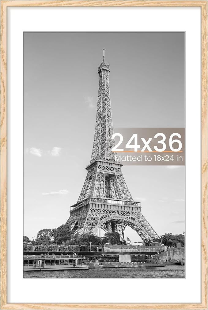 upsimples 24x36 Poster Frame, Display Pictures 20x30 with Mat or 24x36 Without Mat, Wall Hanging Picture Frame, Natural, 1 Pack