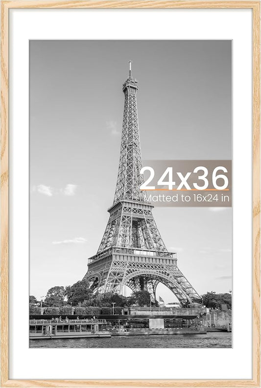 upsimples 24x36 Poster Frame, Display Pictures 20x30 with Mat or 24x36 Without Mat, Wall Hanging Picture Frame, Natural, 1 Pack