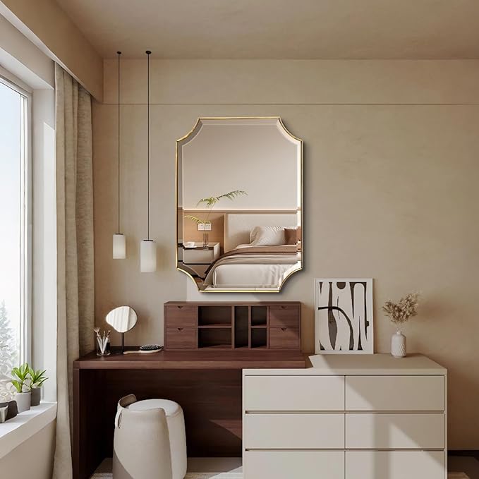 POZINO Rectangle Beveled Mirror, 22"x30" Brushed Gold Bathroom Vanity Mirror, Modern Aesthetic Scalloped Edge Wall Mirrors for Bedroom Living Room Hallway Entryway, Horizontal or Vertical Hanging