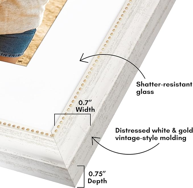 Americanflat Vintage Frames - 8x10 Picture Frame with Beaded Accents and Shatter-Resistant Glass - Use as 5x7 Frame or Display 8x10 Photos Without Mat - Heirloom Collection - White Gold