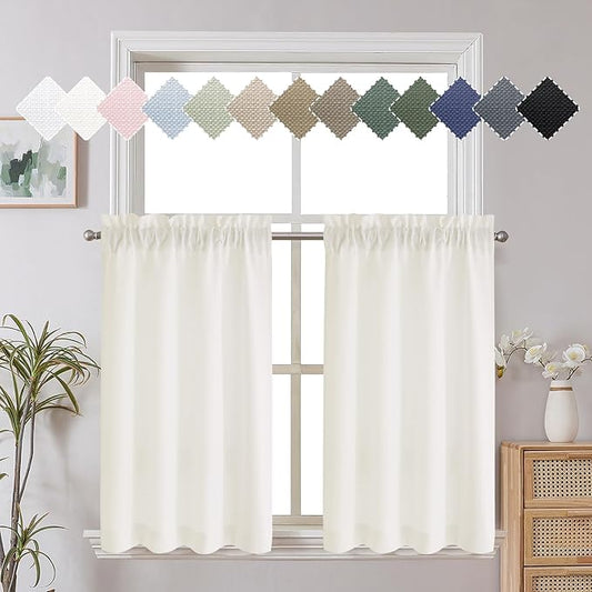 Chyhomenyc Short Curtains 30 Inch Length, Yellowish Faux Linen Textured Small Kitchen Curtain, Light Filtering Half Window Curtains for Bathroom Basement, Each 30x30 Inch, 2PCS, Cream（prev. Ivory）