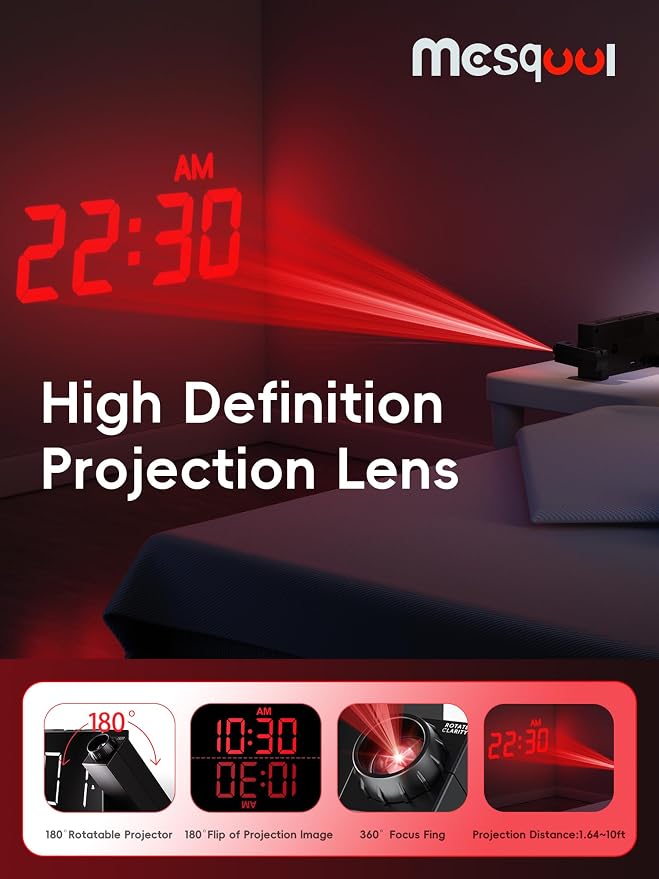 Mesqool Projection Alarm Clock with Loud Bed Shaker, Dual Alarms | 5-level Dimmer, USB charger, Snooze & DST, Loud Vibrating Alarm with Battery Backup, Perfect for Heavy Sleepers - Image 3