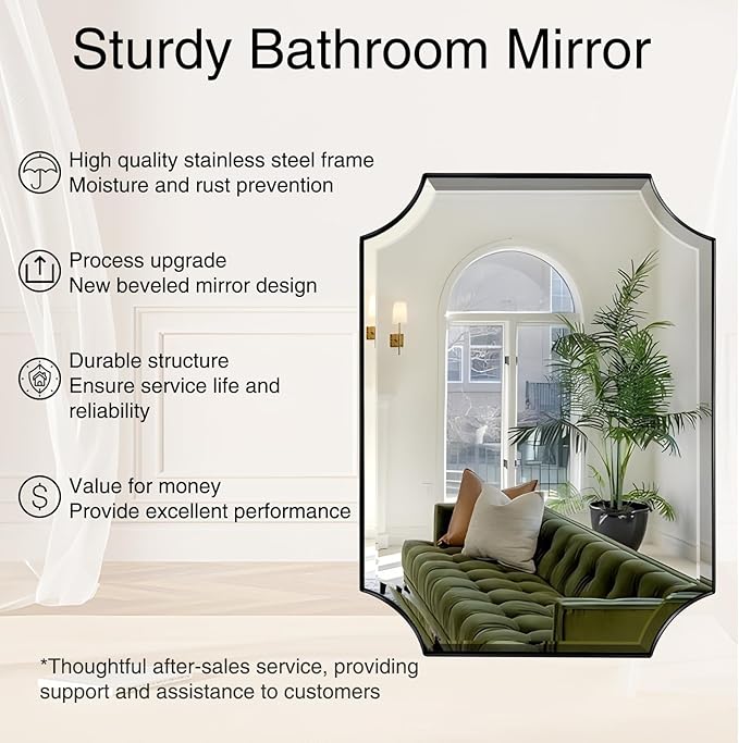 POZINO Rectangle Beveled Mirror, 22"x30" Bathroom Vanity Mirror with Stainless Steel Frame, Modern Aesthetic Scalloped Edge Wall Mirrors for Bedroom Hallway Entryway, Horizontal or Vertical Hanging