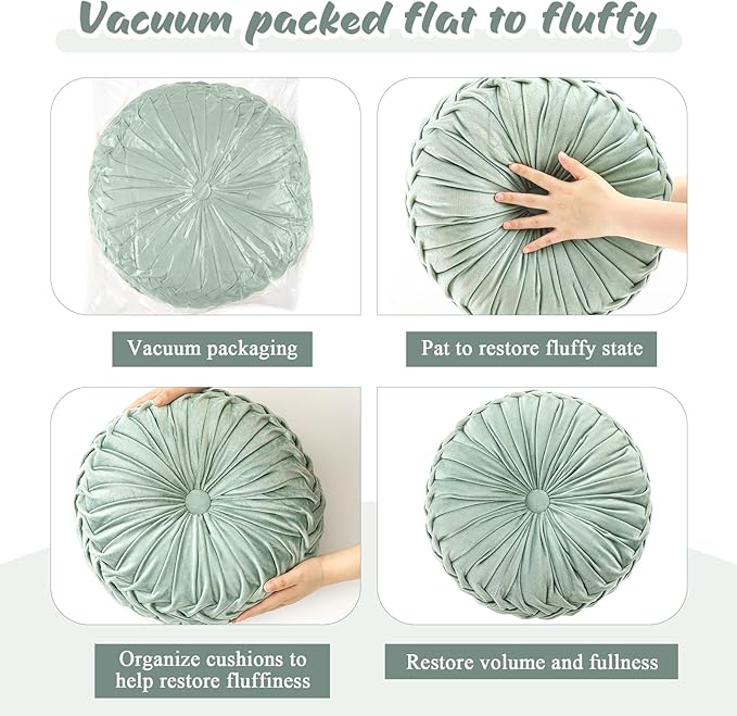 Drydiet 1 Pcs Round Throw Velvet Pillows Decorative Pleated Throw Pillows 15'' Diameter Accent Pumpkin Boho Chair Cushion for Couch Sofa Home Decoration (Sage Green)