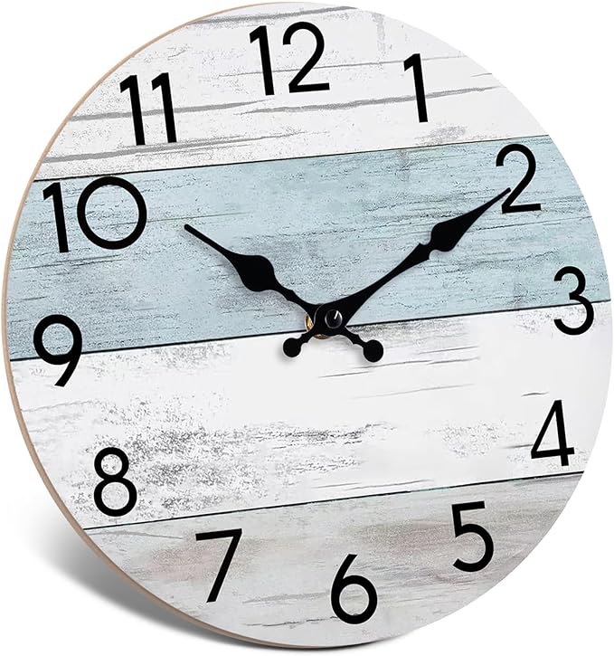 Wall Clock Silent Non-Ticking Wooden Clocks Battery Operated 10 Inch Small Country Retro Rustic and Beach Style Decorative for Living Room, Kitchen, Home,Bathroom, Bedroom (Blue)