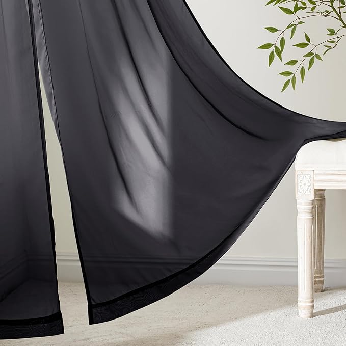MIULEE Black Sheer Curtains 96 Inches Long, 4 Panels Set, Light Filtering Halloween Rod Pocket Voile Drapes for Living Room and Bedroom, Airy Soft Fabric Window Treatments, 42 x 96 Inches