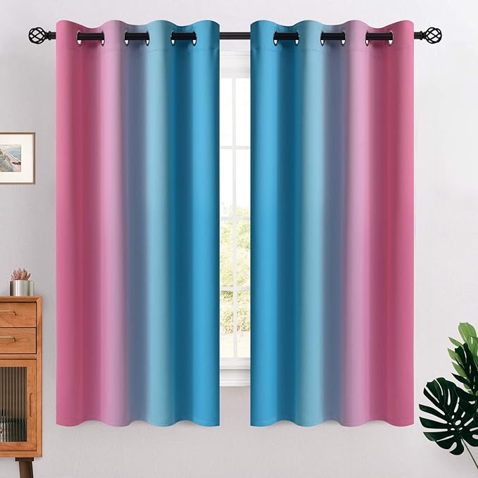 COSVIYA Grommet Ombre Room Darkening Curtains 63 inches Length for Kids/Girls Bedroom, Polyester Light Blocking Pink and Blue Gradient Window Drapes/Curtains for Living Room,2 Panels, 52x63 inches