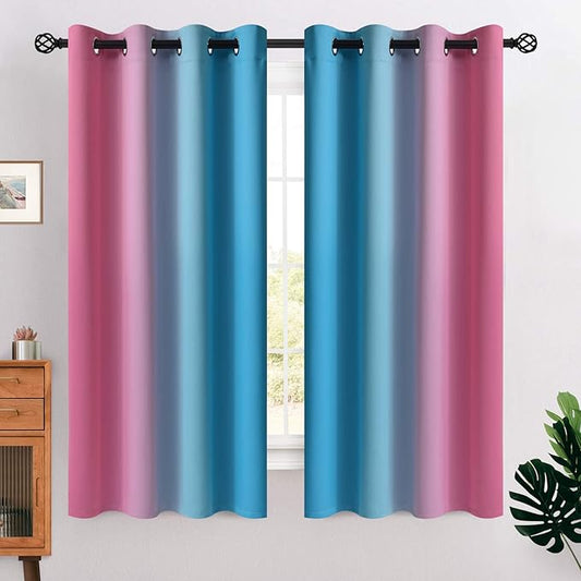 COSVIYA Grommet Ombre Room Darkening Curtains 63 inches Length for Kids/Girls Bedroom, Polyester Light Blocking Pink and Blue Gradient Window Drapes/Curtains for Living Room,2 Panels, 52x63 inches
