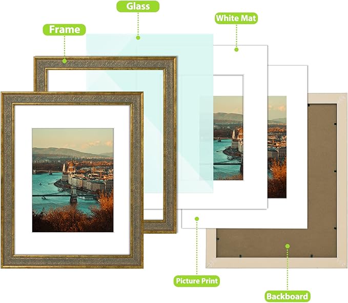 Golden State Art, 11X14 Ornate Finish Photo Frame with White Mat for 8x10 Picture & Real Glass. Color: Distressed Gold