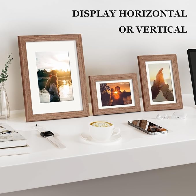 Picture Frames, Made of Real Glass and Wooden Frame, Gallery Photo Frames Set of 10 for Collage Wall Decor, Multi Sizes Including 8x10, 5x7, 4x6 for Mounting or Tabletop Display, Light Brown