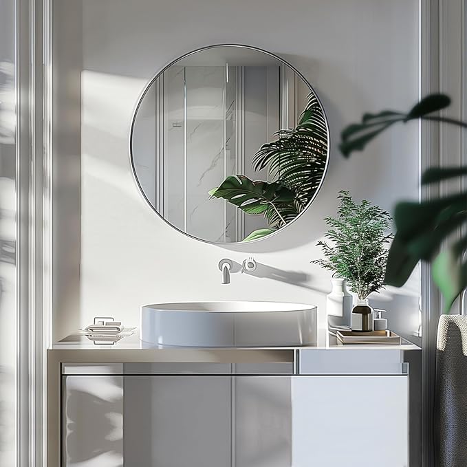 Sunniry Silver Circle Mirror, Round Mirror 20 inch, Round Wall Mirrors with Aluminum Frame, Circle Mirrors for Living Room, Bathroom, Wall, Hallway.