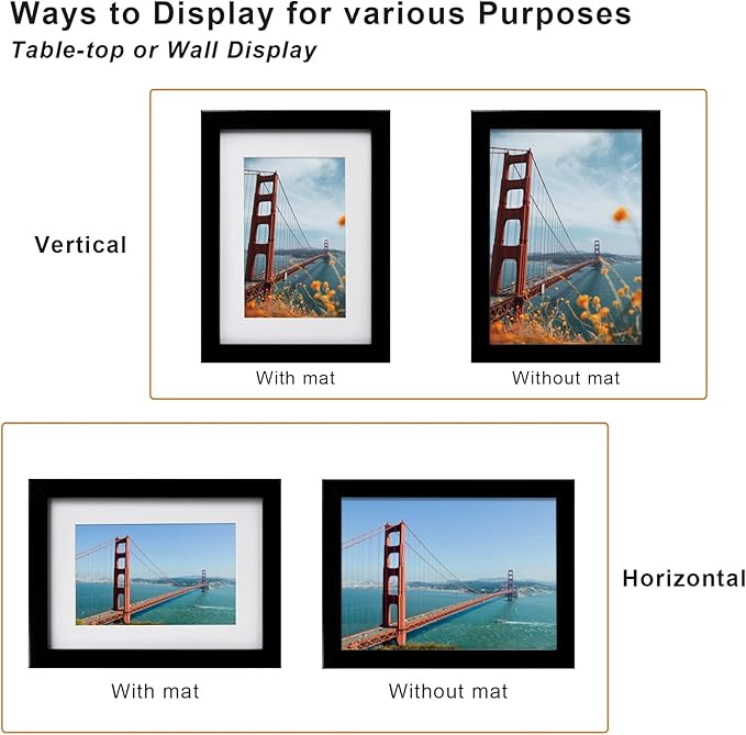 KINLINK 6x8 Picture Frame Black Set of 6, Wooden Photo Frames Matted 4x6 with Plexiglass for 4x6 with Mat or 6x8 without Mat for Table and Wall Display