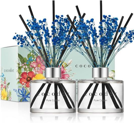 COCODOR Preserved Real Flower Reed Diffuser/Pure Cotton / 6.7oz(200ml) / 2 Pack/Reed Diffuser Set, Oil Diffuser & Reed Diffuser Sticks, Home Decor & Office Decor, Fragrance and Gifts