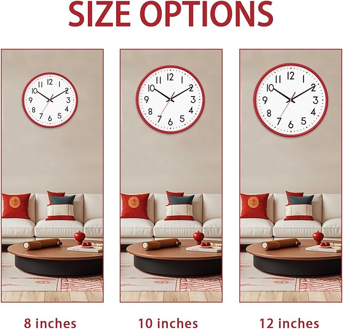 HZDHCLH Wall Clock Red,Silent Wall Clocks Battery Operated 8 Inch Modern Non Ticking Analog Clock Decorative for Kitchen Bedroom Living Room Office Classroom