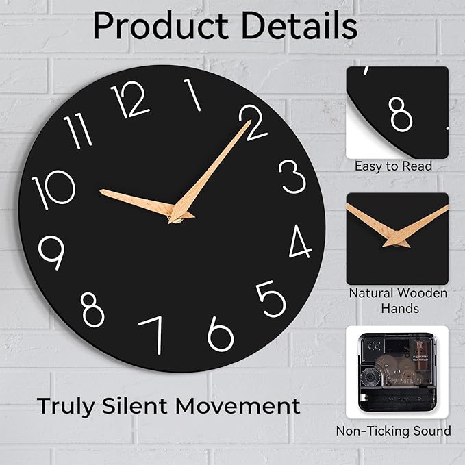 Wall Clock, 12 Inch Wooden Silent Non-Ticking, Decorative Battery Operated Wall Clocks for Bedroom, Kitchen, Home, Living Room, Office, School, Hotel (Black)