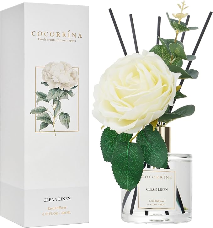 Cocorr??na Flower Reed Diffuser - Clean Linen 6.7oz Scented Diffuser with Sticks Home Fragrance Essential Oil for Bathroom Shelf Decor (Artificial Flower)