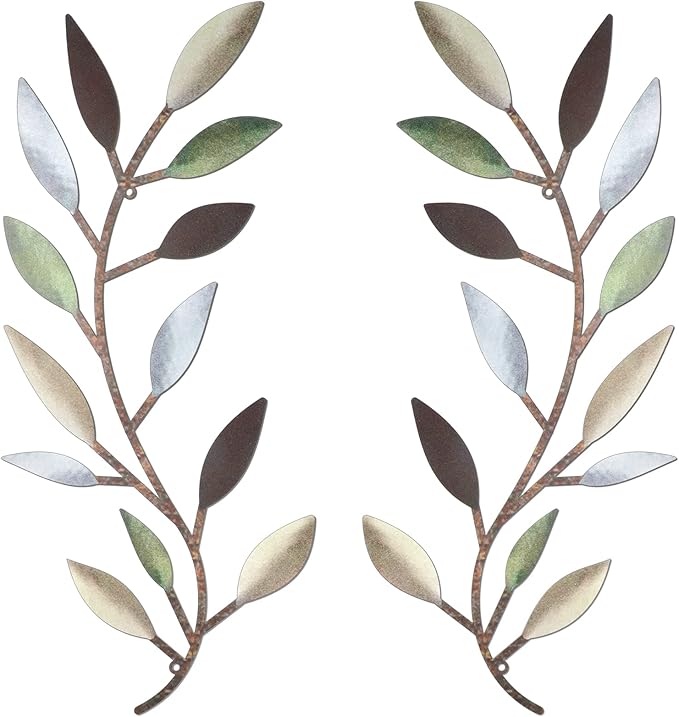 Zhengmy 2 Pieces Metal Tree Leaf Wall Decor Vine Olive Branch Leaf Wall Art Living Room, Hallway Wall Decor Outdoor Decoration(Colorful)