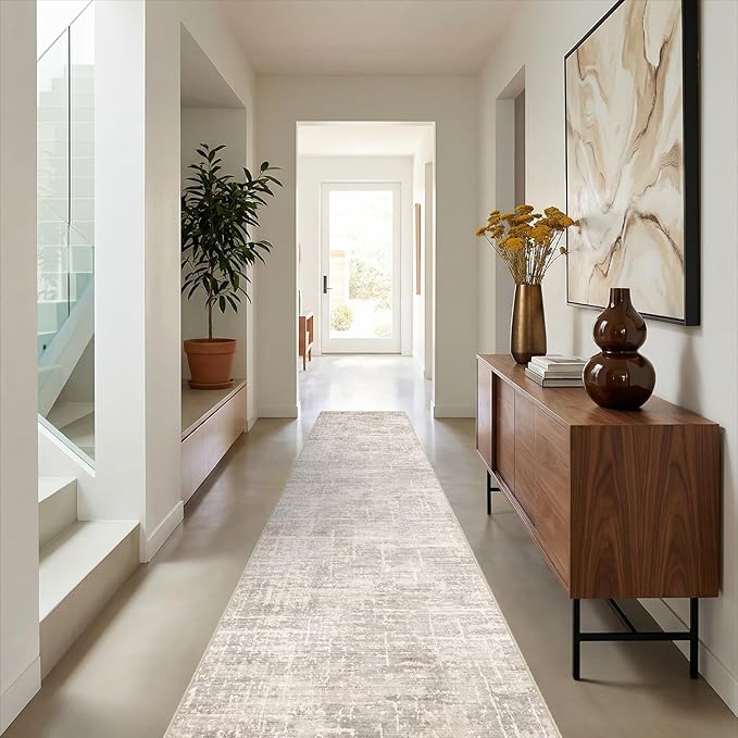 2x10 Washable Hallway Runner Rug - Modern Abstract Neutral Long Carpet with Non-Slip Backing Low-Pile Stain-Resistant Thin Runners for Kitchen Bathroom Bedroom Entryway (2x10, Beige)