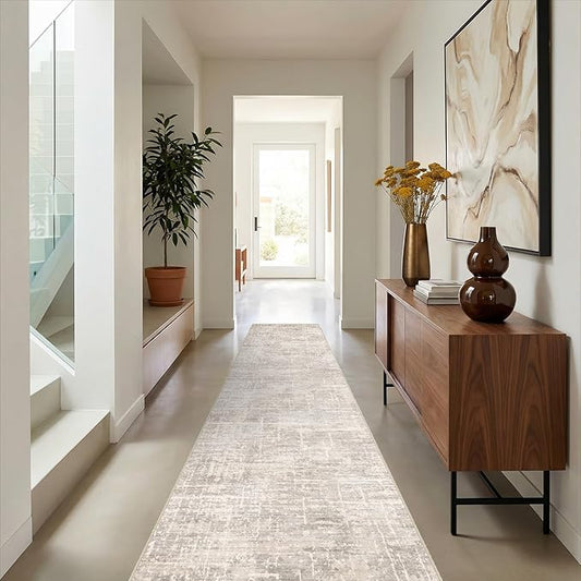 2x10 Washable Hallway Runner Rug - Modern Abstract Neutral Long Carpet with Non-Slip Backing Low-Pile Stain-Resistant Thin Runners for Kitchen Bathroom Bedroom Entryway (2x10, Beige)
