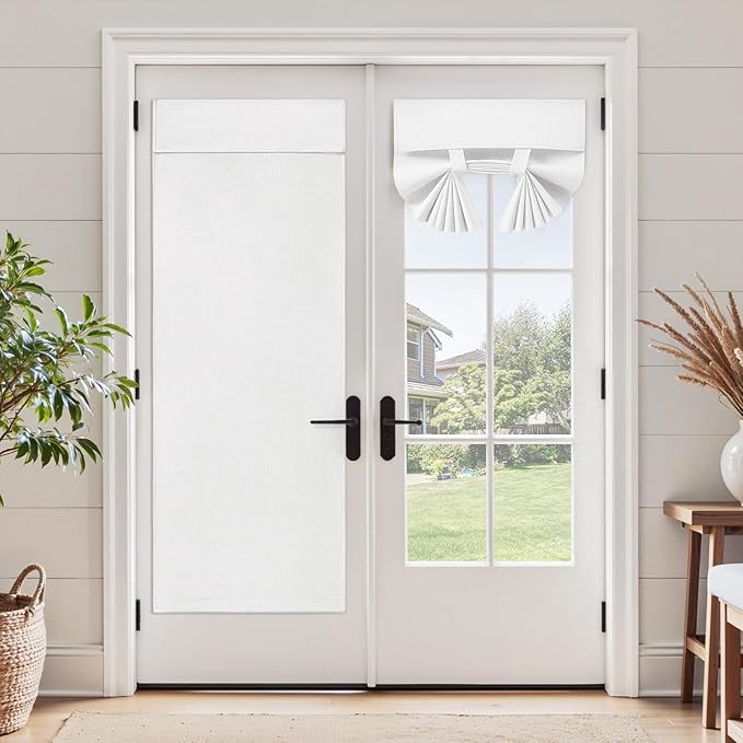 HOMEIDEAS 100% White Linen Blackout French Door Curtains, Privacy Door Window Curtains, 30 X 40 Inch Room Darkening Blinds, Thermal Insulated Shades for Bedroom, 1 Panel