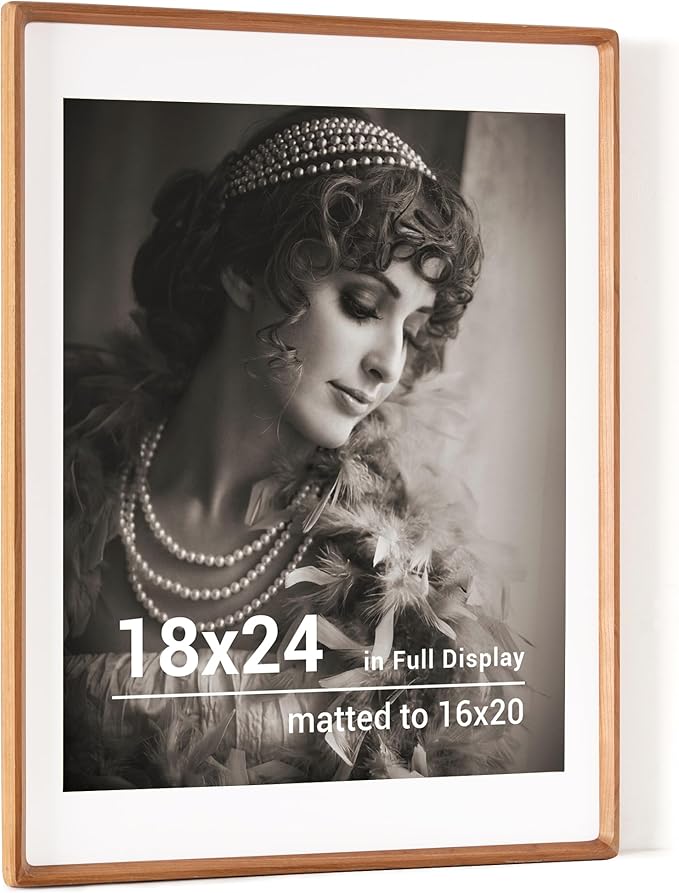 18 x 24 Poster Frame, USA-Sourced Cherry Wood Picture Frame with HD Tempered Glass, Handcrafted Rounded Corner 18x24 Wooden Frames Matted to 16x20 Photos, Horizontal or Vertical Wall Display