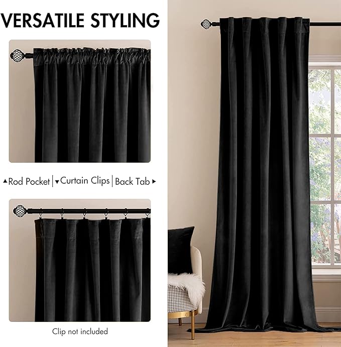 MIULEE Black Velvet Curtains 2 Panels Luxury Blackout Curtains for Bedroom Living Room Thermal Insulated Super Soft Window Drapes Rod Pocket & Back Tab Halloween Decor, W52 x L72 inches