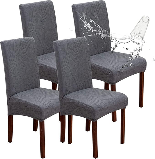 Genina Waterproof Chair Covers for Dining Room, Stretch Jacquard Dining Chair Slipcovers Removable Washable Chair Protector for Kitchen, Hotel, Restaurant (Leaves-Dark Gray, 4 PCS)