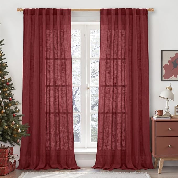 LAMIT Burgundy Red Sheer Linen Curtains, 84 inch Light Filtering Semi Sheer Panels Back Tab and Rod Pocket Christmas Drapes for Bedroom/Living Room, 2 Panels, 52 x 84 Inch